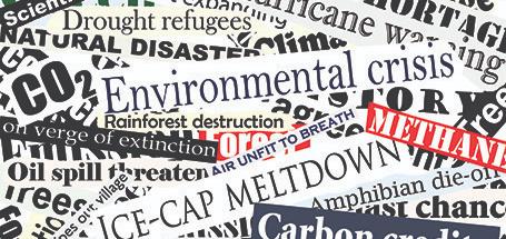 Environmental newspaper headlines piled together