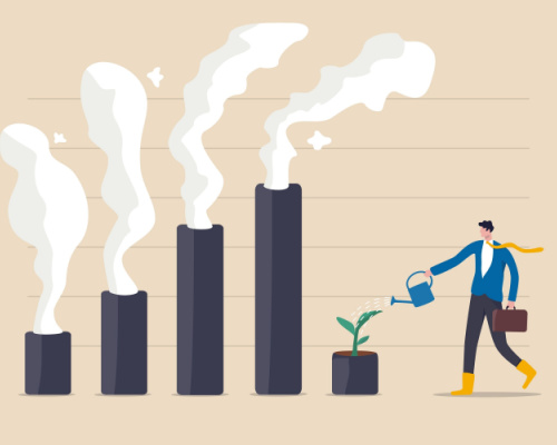 Climate crisis and environment policy, ESG or ecology problem concept, businessman leader watering seedling plant on bar graph with pollution smoke rising up.