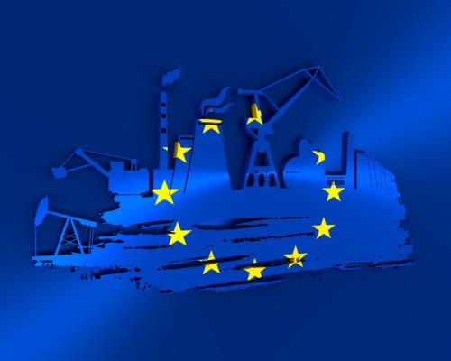 Energy and Power icons set and grunge brush stroke. Energy generation and heavy industry relative image. Flag of the European Union.