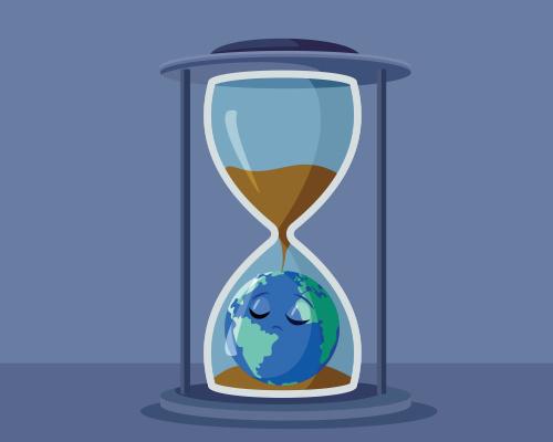 Sad Earth Planet Sitting in Hourglass Concept Illustration Art. Unhappy globe running out of time in need to be save