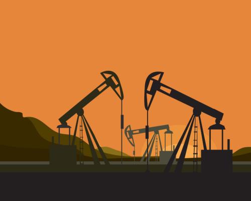 vector silhouettes of mining mechanisms on a sunset background. oil field development