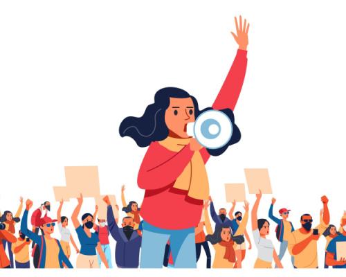 A young woman shouts through megaphones, supporting the protests against the background of discontented people protesting. Flat design colorful illustration isolated on white.