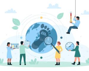 Carbon footprint effect analysis, environmental pollution with CO2 vector illustration. Cartoon tiny people analyze impact of greenhouse gas on environment and global eco balance of planet nature