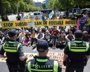 The Hague ,The Netherlands Extinction rebellion protest.Protesters blocking the A12 near the parliament building.