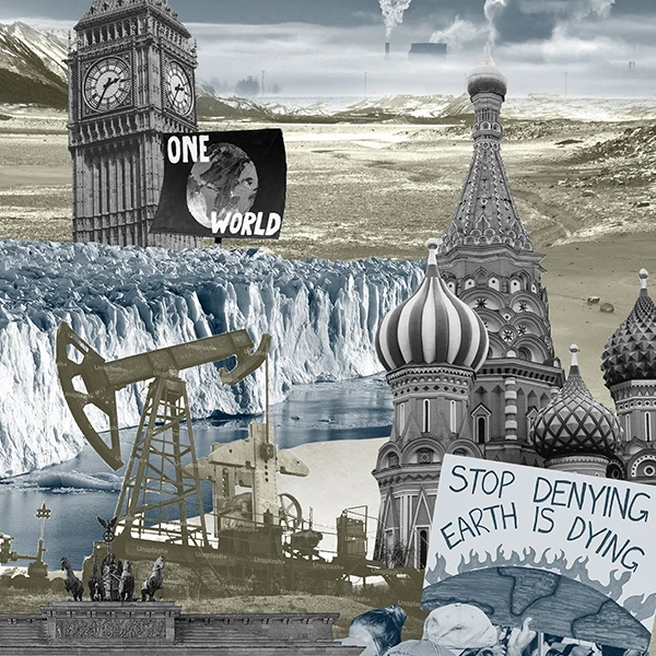 Collage image of European landmarks amidst climate destruction elements