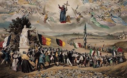 painting of a march with many flag-bearers of different nations.