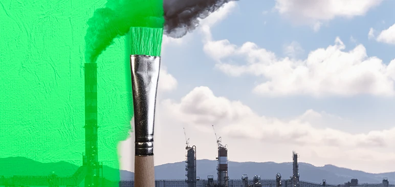 Smokestacks in distance over horizon with green paint being painted over the landscape to cover the smoke.