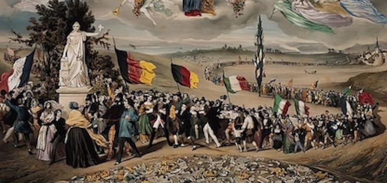 painting of a march with many flag-bearers of different nations.