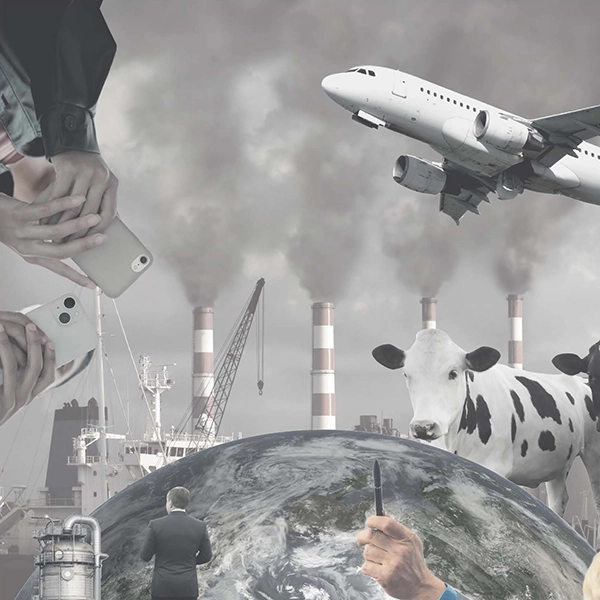 Crop of book cover image showing collage of hands holding cell phones, cows, airplanes, the earth, industrial equipment, etc.